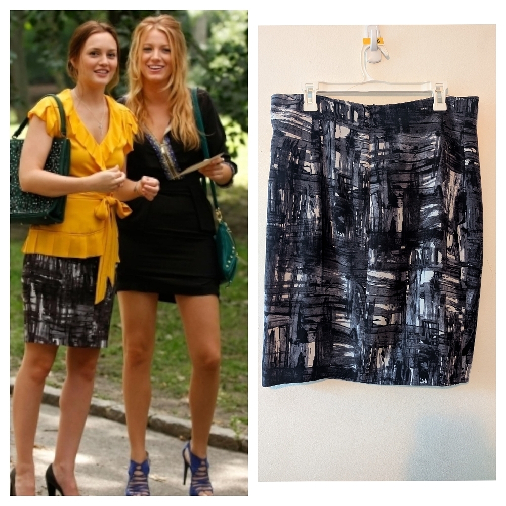 Vince Silk Abstract Print Pencil Skirt Size 12 Black Celebrity Gossip Girls